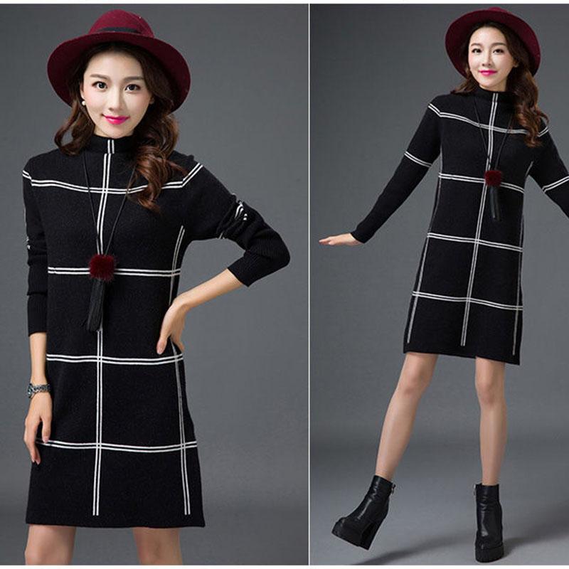 Autumn Winter Plaid Turtleneck Sweater Women Long Thick Pullover Sweater Dress All-match Bottoming Shirt Jumper Top