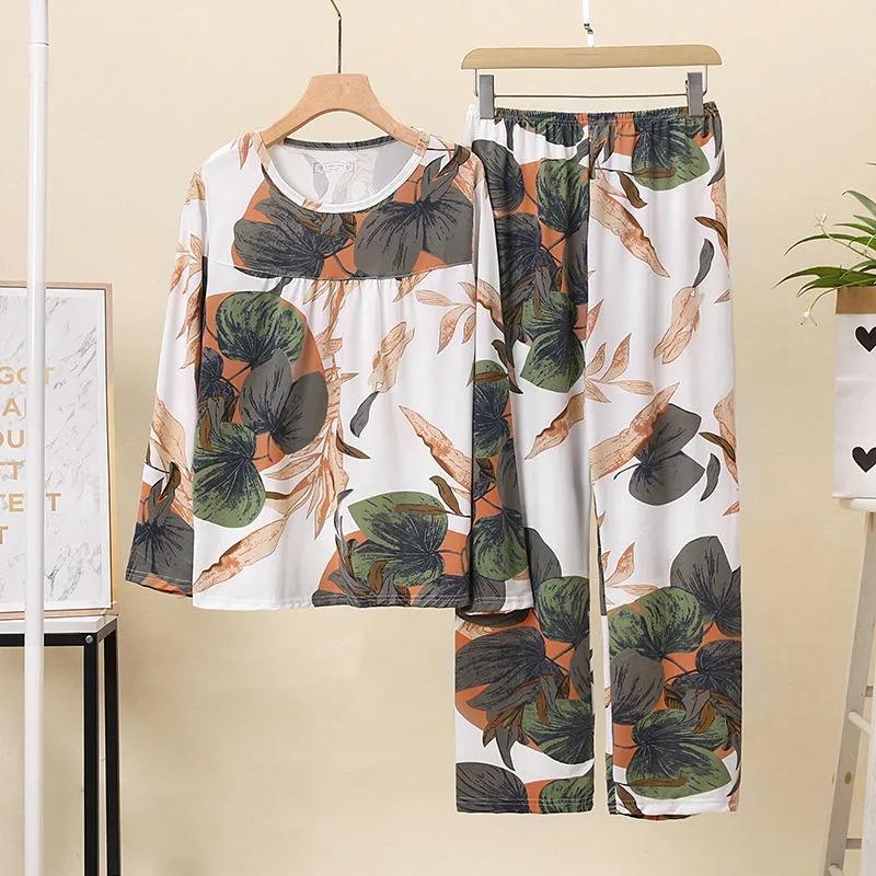 Spring Summer Pajamas Set for Women Long-sleeved Floral Printed Home Wear Two-piece Set Middle-aged Elderly Flowers Loose Large Size Pajamas