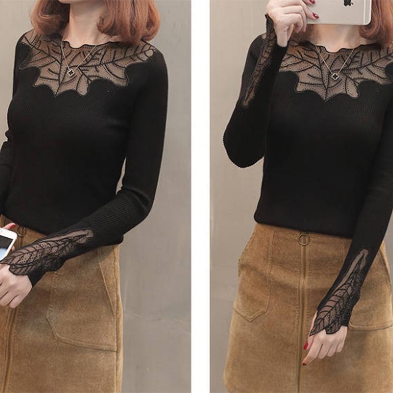 Pofulove Fashion Sexy Embroidered Rhinestone Lace Sweater Pullover Bottoming Shirt Hollow Sweater