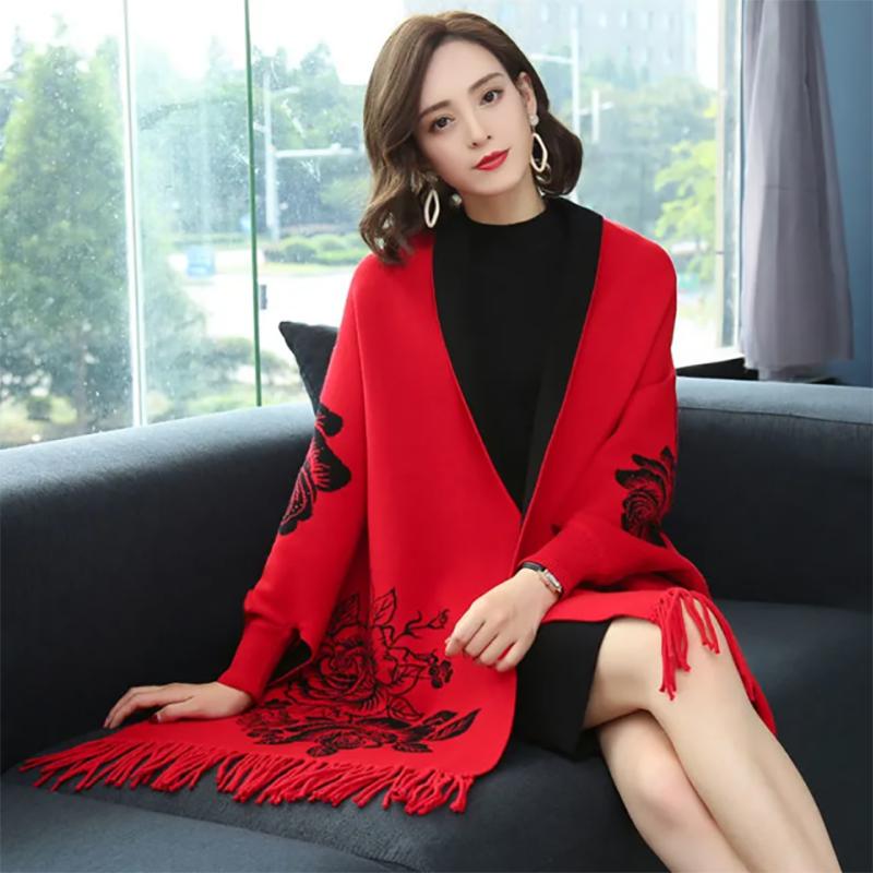 Sleeve Scarfs Female Wool Jacquard Thickened Warmth Cloak-style Double-sided Cloak Scarf Dual-use