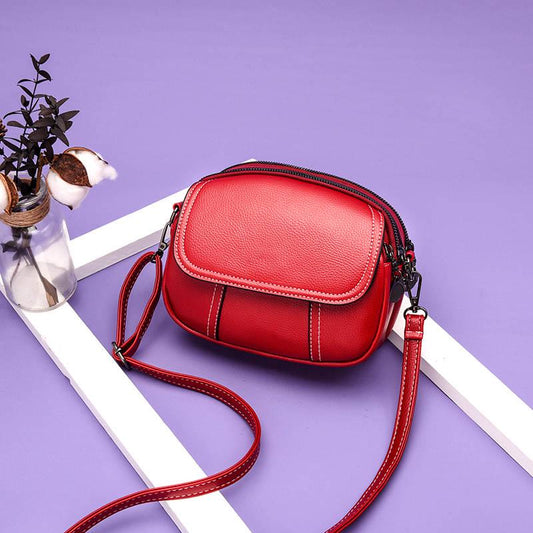 Round Crossbody Bag Women Red Leather  Waterproof Zipper Large Capacity Tote Bag Shoulder Bags