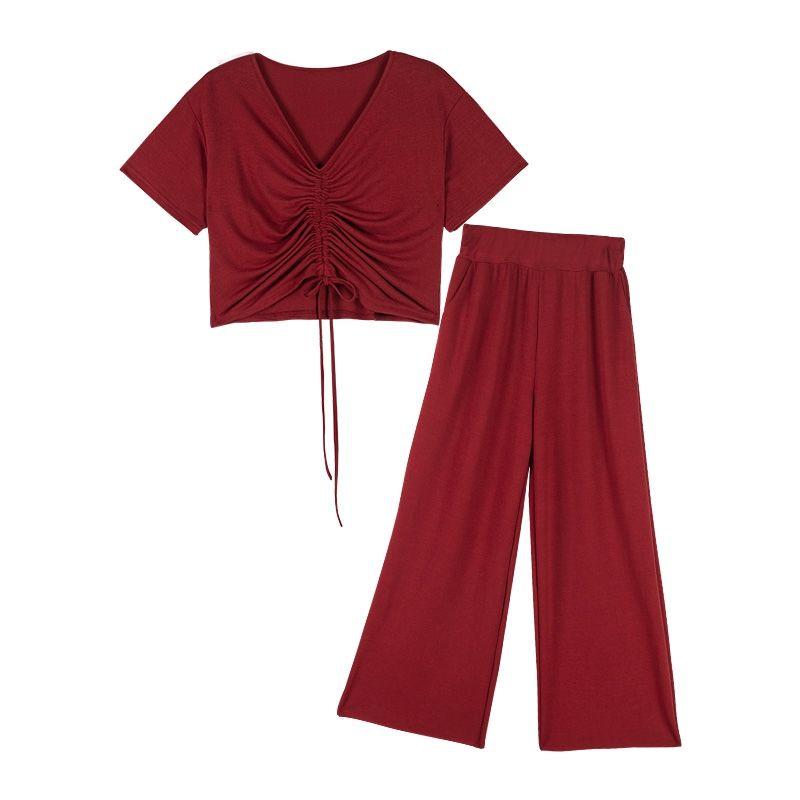 Casual Two-piece Women's Summer Slim Short-sleeved T-shirt Women's High-waist Wide-leg Pants Suit V-neck Short-sleeved Top Sexy Waist Slimming