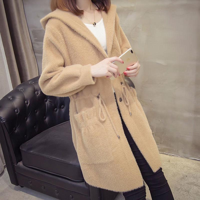 Autumn and Winter Knitted Cardigan Coat Korean Style Hooded Loose Sweater Mid-length Popular Coat Women