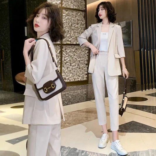 2PCS Women's Solid Color Suits Set Ladies Suit Thin Jacket + Loose Casual Pants Two-piece  Spring and Autumn Large Size Fat Girl Slimming Suit