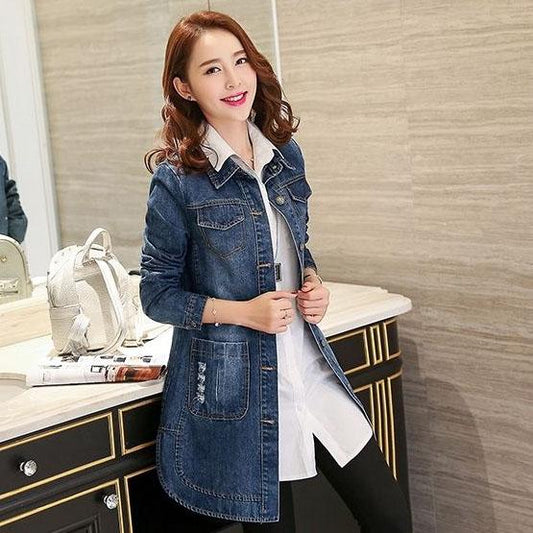 Autumn Women's Large Size Denim Long Jacket Long Sleeve Loose Buttons Lapel Casual Denim Cardigan Coat