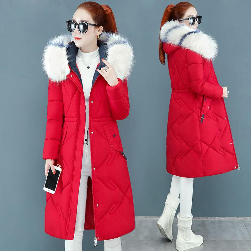 Winter Christmas Women's Down Cotton Padded Jacket Long Style Over The Knee Thickened Warm Women's Parka Coat Hooded Fur Collar Coat