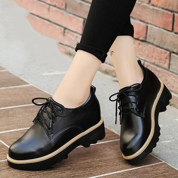 Spring and Autumn Inner Heightening Women's Shoes Thick Soled Slope Heel Shoes Versatile Working Solid Color Small Leather Shoes