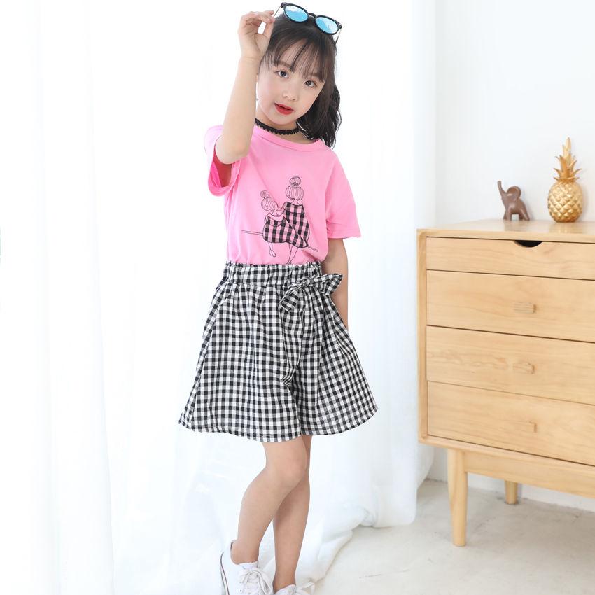 2PCS Children Clothing Set Spring Summer Girls Suits Bow Printing Short Sleeve Tops + Pants Clothing Set