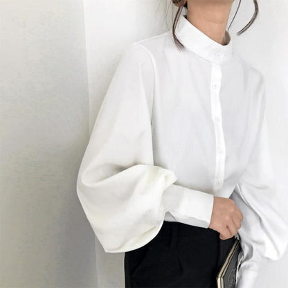 Black Stand-up Collar Shirt Women's Design Sense Niche Light Familiar French Temperament Shirt Retro Hong Kong Flavor Lantern Sleeve Top