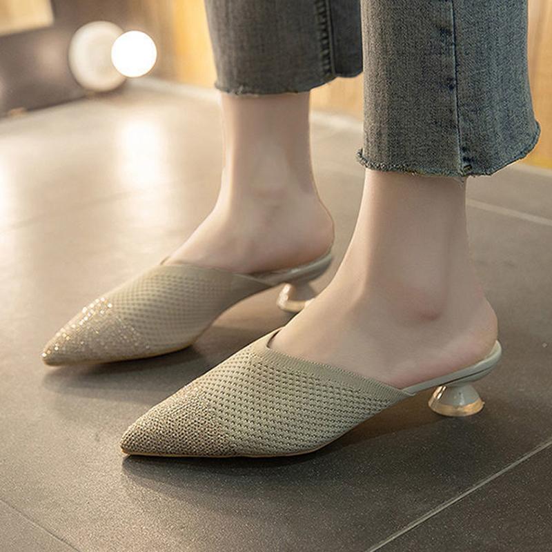 Spring and Summer Rhinestone Pointed Slippers Women's Outer Wear Baotou Half Slippers All-match High Heels Women