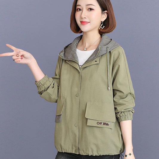 Women's Spring and Autumn Windbreaker Coat Loose Hooded Jacket Short Workwear