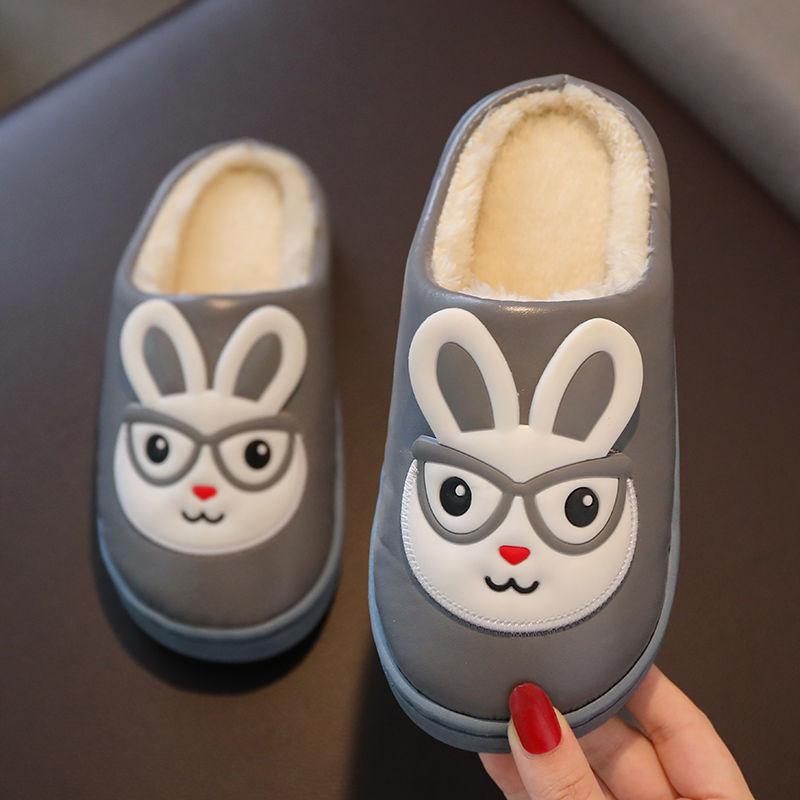 PU Children's Cotton Slippers Boys and Girls Middle and Small Children's Slippers Warm Shoes Winter Non-slip Soft-soled Slippers