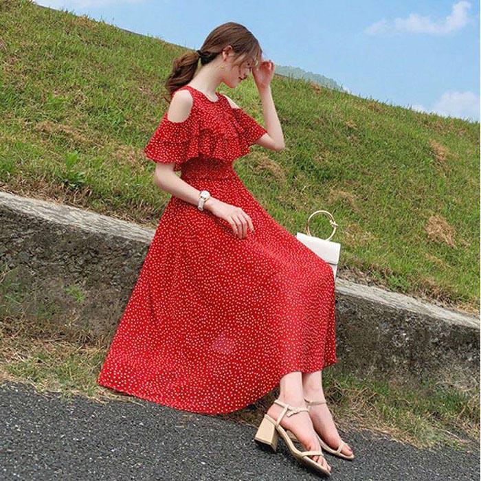 Pofulove Women Red Polka Dot Chiffon Dress Slim Long Strapless Dress Below The Knee Thin Dresses