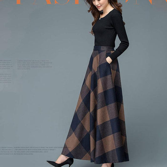 Winter Plus Size Woolen Skirt Female Printed Plaid A-line Skirt Long Maxi Skirt