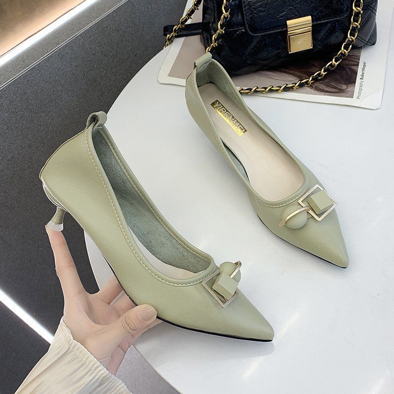 Genuine Leather High-heeled Stiletto All-match Work Women's Shoes Mid-heel Leather Shoes Pointed Toe Non-grinding Single Shoes