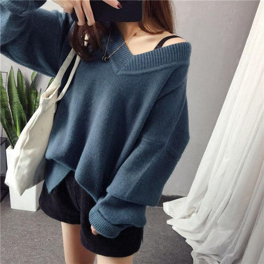 Women Casual V-Neck Long Sleeve Solid Loose Knitwear Pullover Sweater