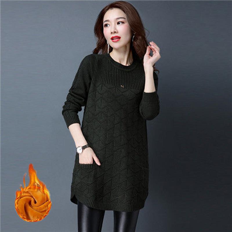 Thick and Velvet Mid-length Sweater Women's Low Round Neck Spring and Autumn Large Size Pullover Loose Knit Bottoming Sweater Sweater Skirt