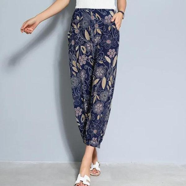 Women's Spring and Summer Plus Size Printing Long Pants Female Elastic Waist Loose Casual Thin Trousers