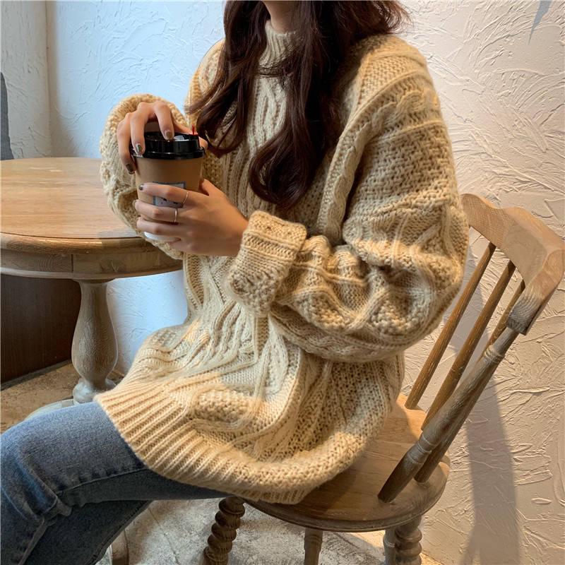 Pofulove  Loose Twist Sweater  Autumn Winter   College Style Pullover Sweater Coat Korean ins