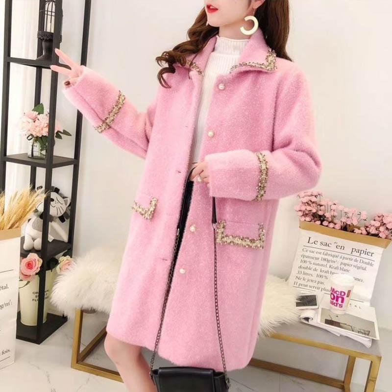 Autumn and Winter Models of Mink Fleece Knitted Jacket Mid-length Navy Collar Coat Coat Trendy Jacket Women