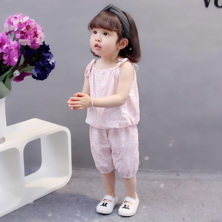 Children's Suit Summer Thin Korean Style Loose Print Geometry Girls Suspender Shorts Ventilation Two Piece Set