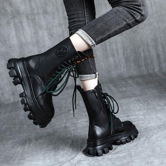 Leather Martin Boots Sponge Cake Thick-soled Round Toe Retro Mid-tube Boots Female British Style Boots Autumn Single Boots