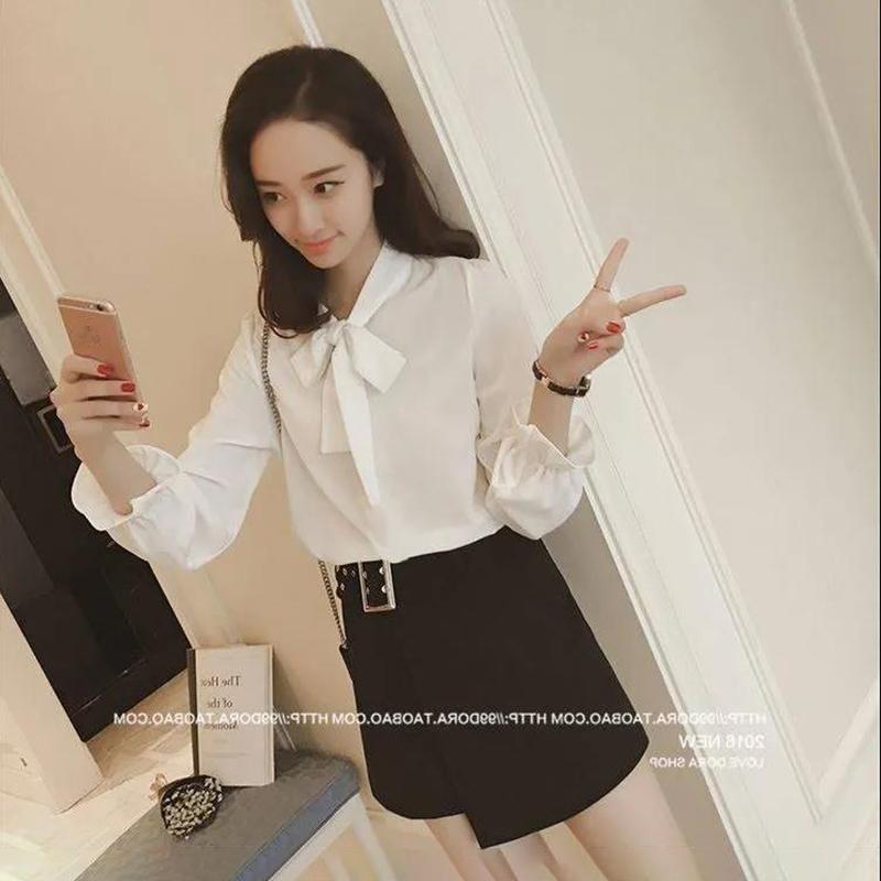 Large Size Shirt Bowknot Princess Sleeve Chiffon Blouse Lace-up Shirt Women's Business Wear Shirt Fabric Light and Breathable Inner Wear Shirt Women