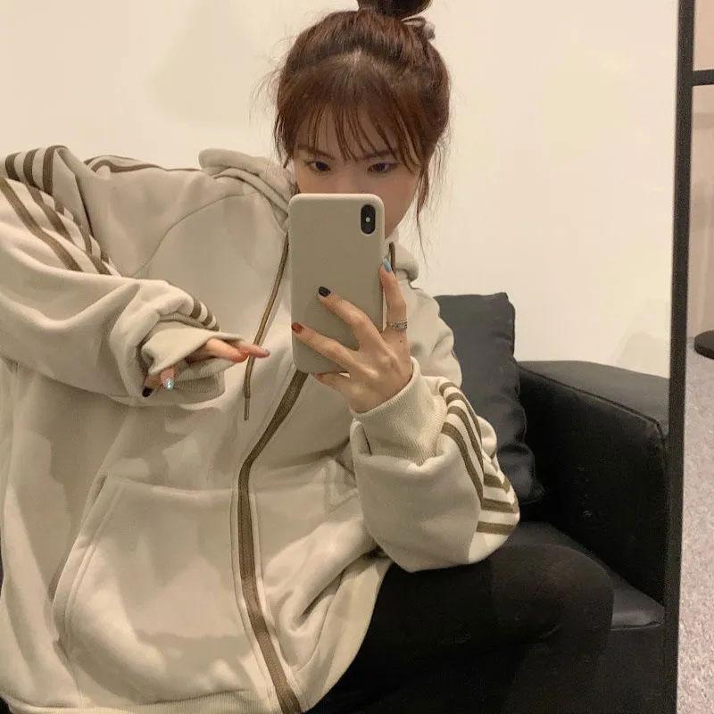 Women's Thick Autumn and Winter Hooded Sweater Korean Casual Jacket Plus Velvet Thick Hoodie Zipper Cardigan Top Athletic Girl's Coat