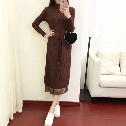 Pofulove 4 Colors Women Solid Color Sweater Dress Soft Long Turtleneck Lace Knitted Skirt Pullover