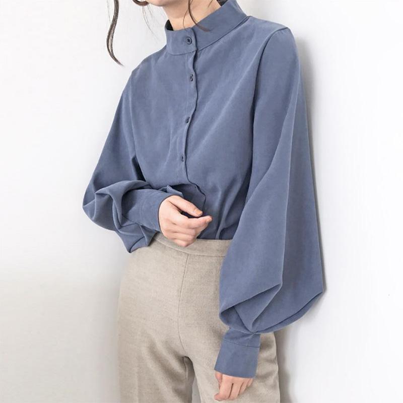 Black Stand-up Collar Shirt Women's Design Sense Niche Light Familiar French Temperament Shirt Retro Hong Kong Flavor Lantern Sleeve Top