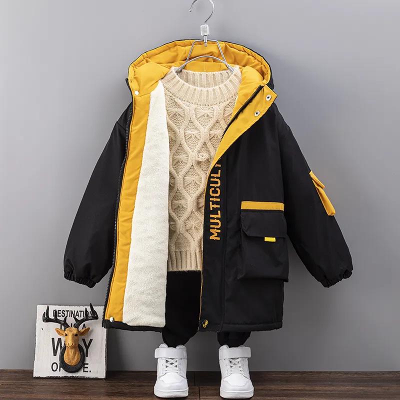 Boys Plus Fleece Padded Jacket Autumn and Winter Quilted Big Boy Handsome Mid-length Cotton Coat Children's Warm Windbreaker Jackets