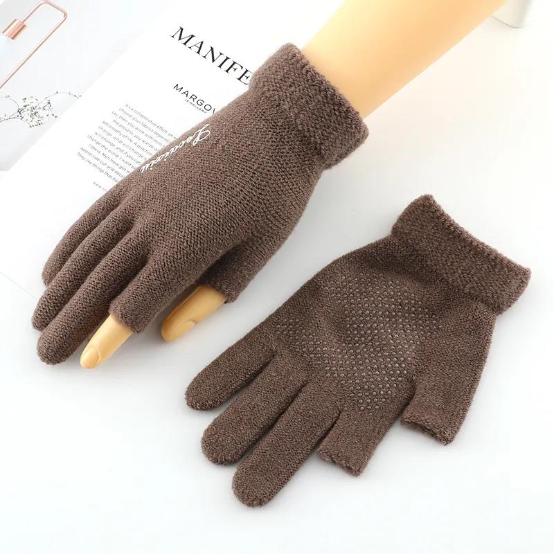 Women's Winter Touch Screen Gloves Warm Velvet Thick Half-finger Mittens Wool Non-slip Show Two-finger Office Driving Gloves Solid Knitting Gloves