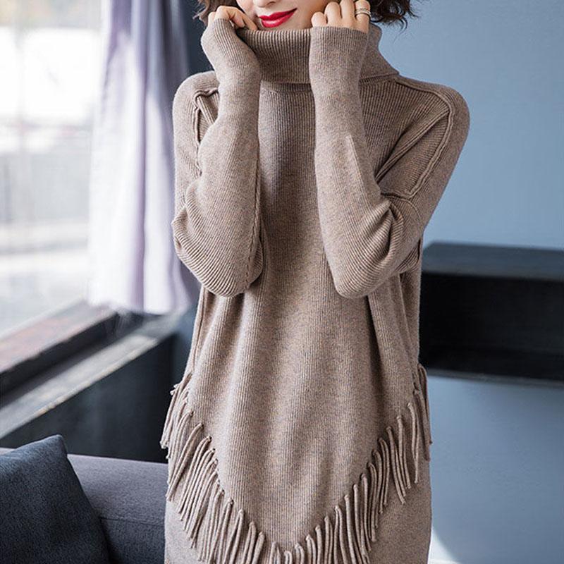 Autumn and Winter High Neck Loose Sweater Mid-length Tassel Plus Size Top Solid Color Knitted Women's Bottoming Shirt