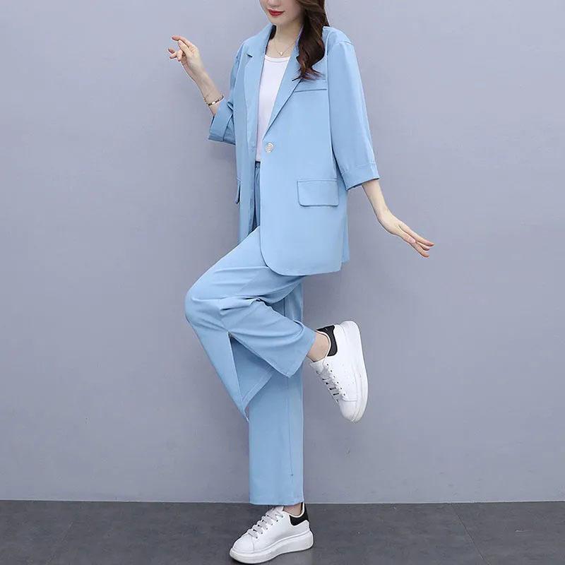 2PCS Women's Wide-leg Pants Suit Spring and Summer Korean Version Slim Suit Jacket + Loose Slit Trousers Two-piece Suit Casual Elegant Workplace Suit