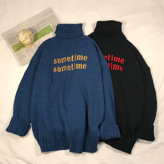 Pofulove Letters Embroidery Turtleneck Sweater Solid Color Female Loose Autumn Winter Couple Sweater