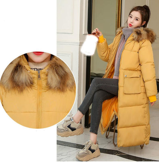 Women's Solid Color Down Jacket Mid-length Korean Loose Thick Coat Warm Cotton Coat Big Fur Collar Winter Clothes Quilted Coat