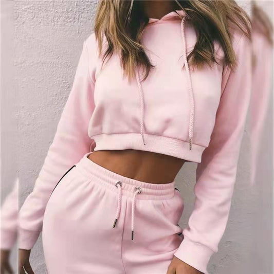 2PCS Female Sweatshirt Suits Hooded Crop Sweater Set Two Piece Cropped Hooded Top Casual Jogger Trousers Tracksuit Girls Athletic Clothing