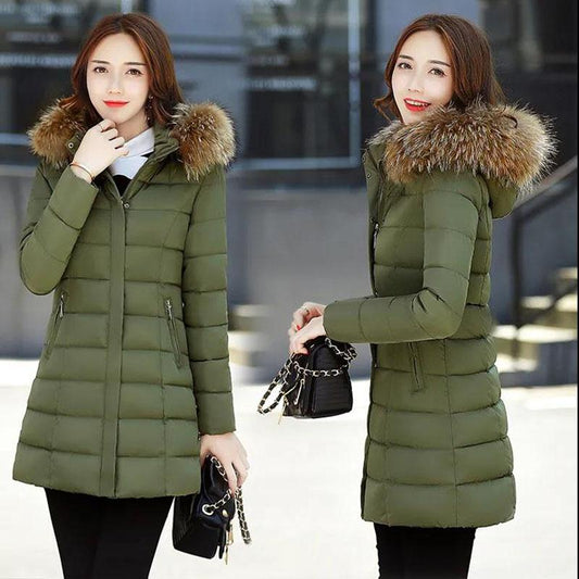 Ladies Down Jacket Winter Fashion Big Fur Collar Hooded Jacket Thick and Cotton Warm Mid-length Jacket