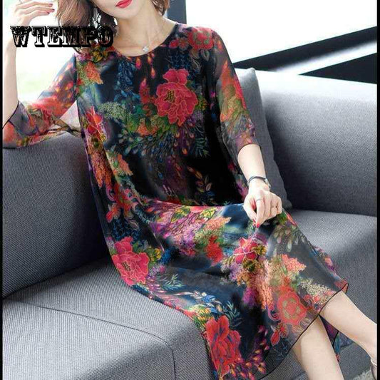 Boussac Western Floral Print Woman Half Sleeve Vestidos Mujer Elegant Silk Dress 5xl