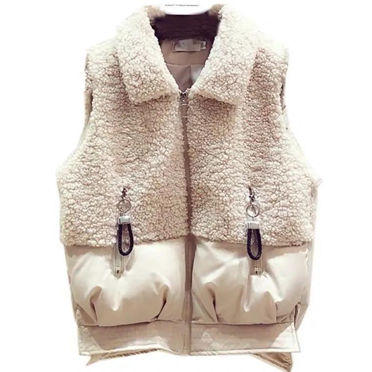 Winter New Lapel Faux Lamb Hair Vest Women Short Loose Stitching Down Cotton Jacket Waistcoat Waistcoat Warm Jacket