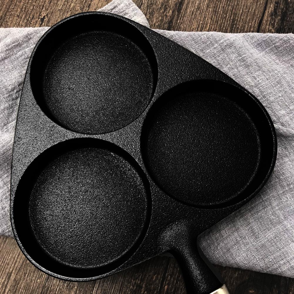 3-hole Fried Egg Pot with Wooden Handle Thickened Nonstick Cast Iron Frying Flat Pan 14.96x7.87 Inches