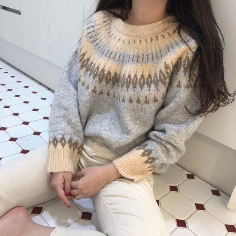 Pofulove Retro Thick Rhombus Woven Jacquard Knitted Loose Sweater Women Autumn Winter Wear