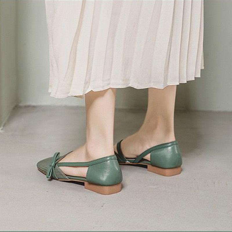 Bowknot Gentle Shallow Mouth Square Toe Soft Sole Comfortable Single Shoes Women's Soft Surface All-match Flat Toe Cap Sandals