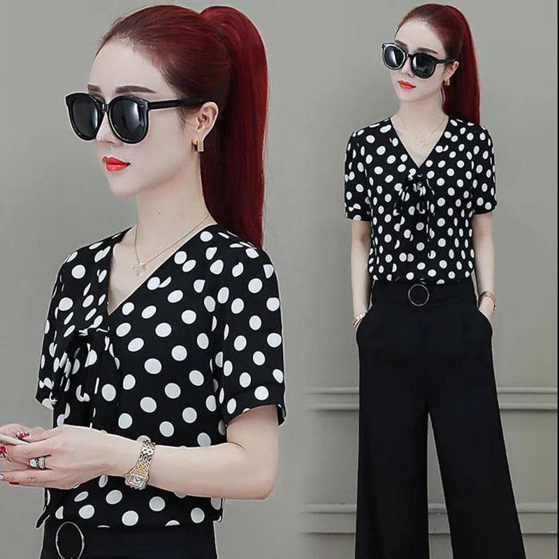 Chiffon Shirt Women's Short-sleeved Loose Top Cover Belly Shirt Shirt Black and White Polka Dot Chiffon Shirt Temperament Elegant Lady Style