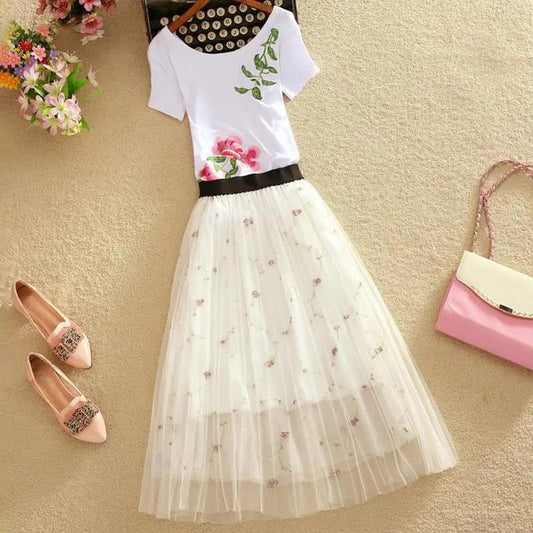 Mesh Small Floral Lace Skirt Embroidered Pleated Skirt Thin Gauze Skirt Mid-length Female A-line Skirt Thin Mesh Skirt for Women