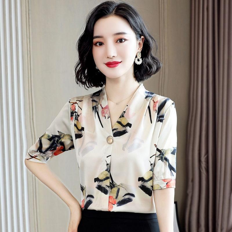 V-neck Shirt Women's Short-sleeved Summer Print Slim Shirt Loose Satin Shirt Temperament Elegant Suit with Shirt Inside