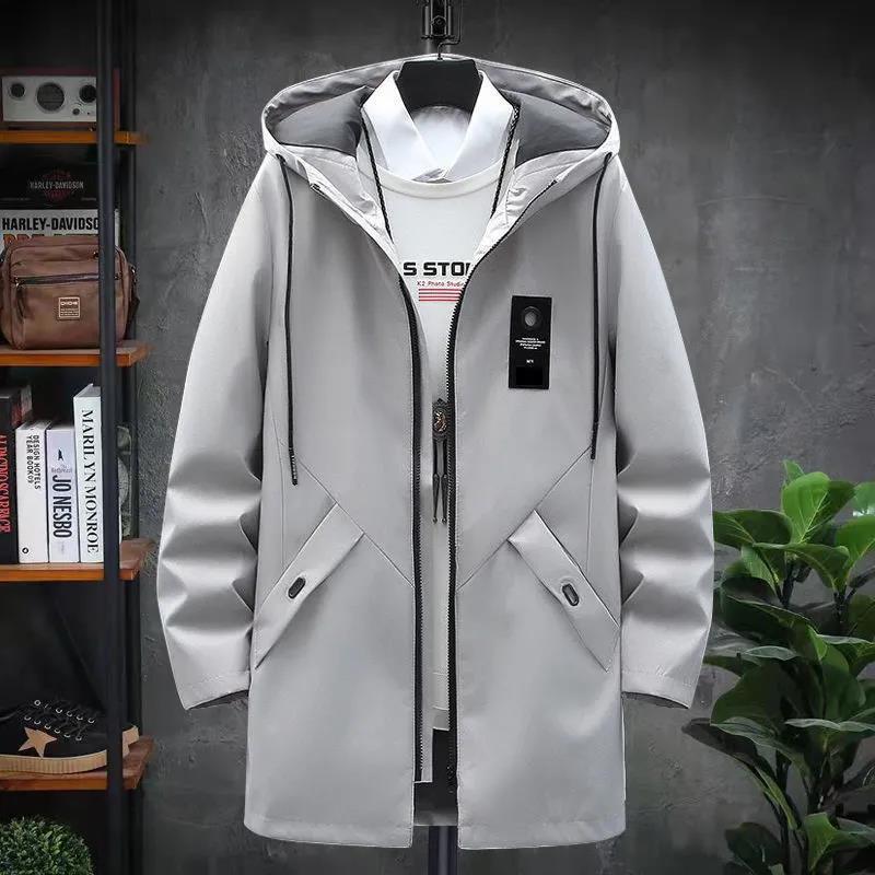 Spring & Fall Men Jacket Long Hooded Coat Casual Loose Windbreaker Solid Color Trend Parka for Youth