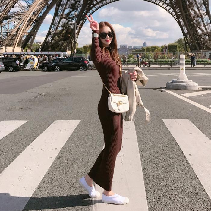 Autumn and Winter Fashion Super Long Women's Sweater Dress Over-the-knee Base Knitted Long V-neck Slim Dress