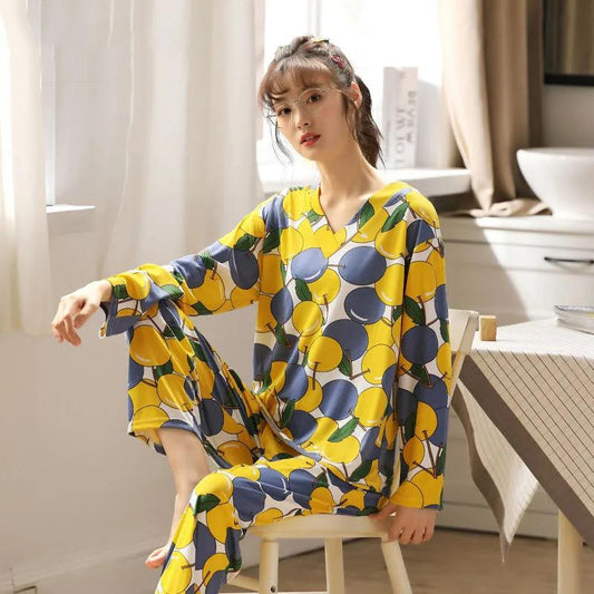 Women's Long-sleeved Floral Printing V-neck Pajamas Suit Home Wear Set Spring Sweet Casual Large Size Loose Pajamas Two-piece Set