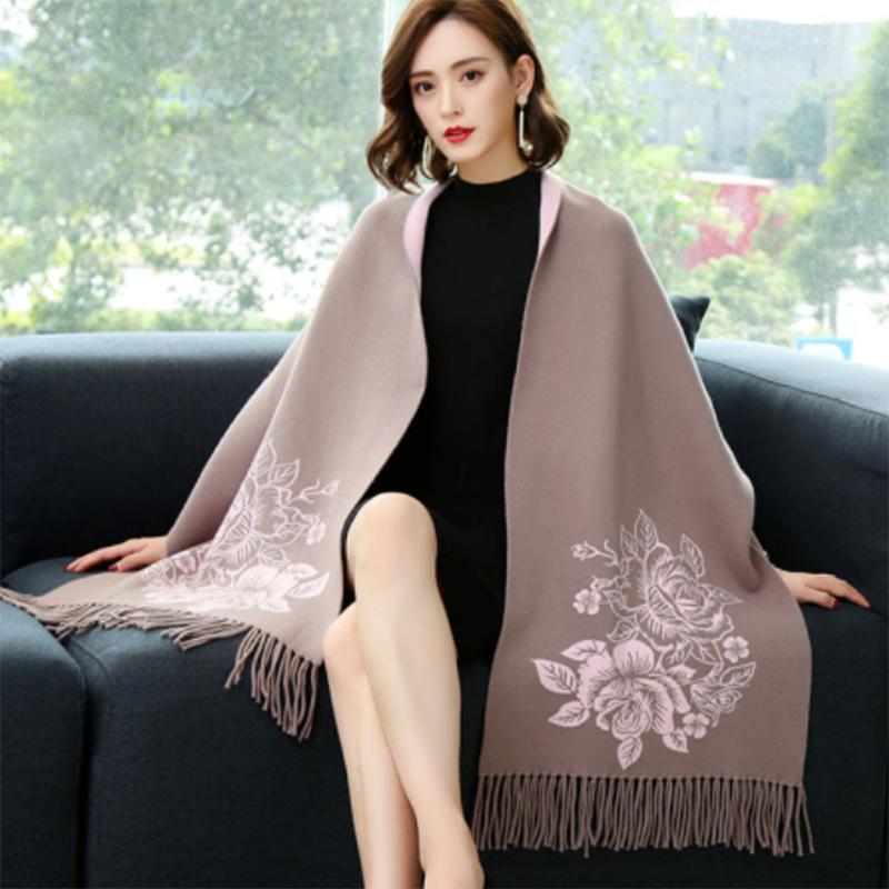 Sleeve Scarfs Female Wool Jacquard Thickened Warmth Cloak-style Double-sided Cloak Scarf Dual-use